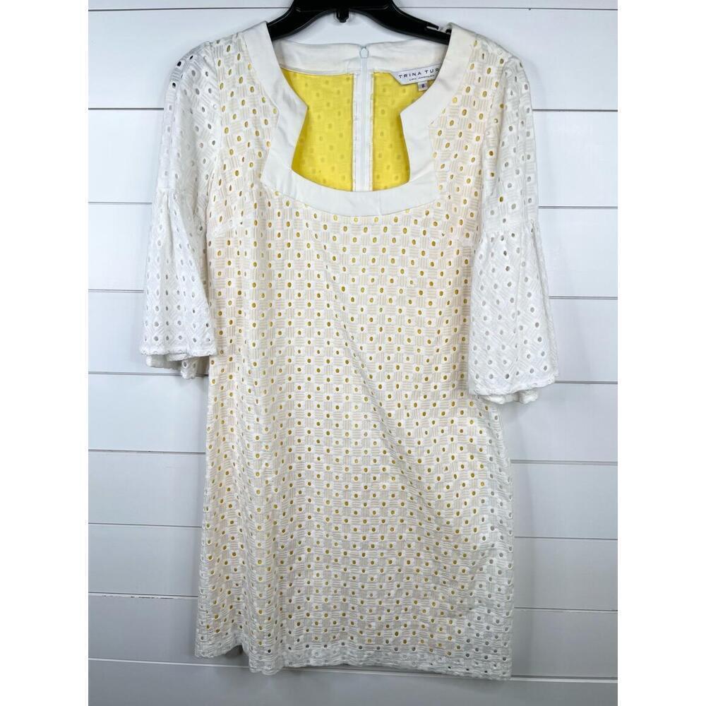 Trina Turk White Eyelet Bell Sleeve A-Line Dress Size 8 Yellow Lining Cotton